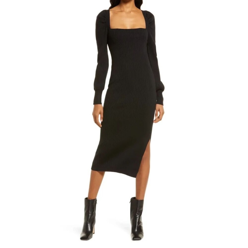 Charles Henry black ribbed maxi sweater dress square neck tie back puff sleeves